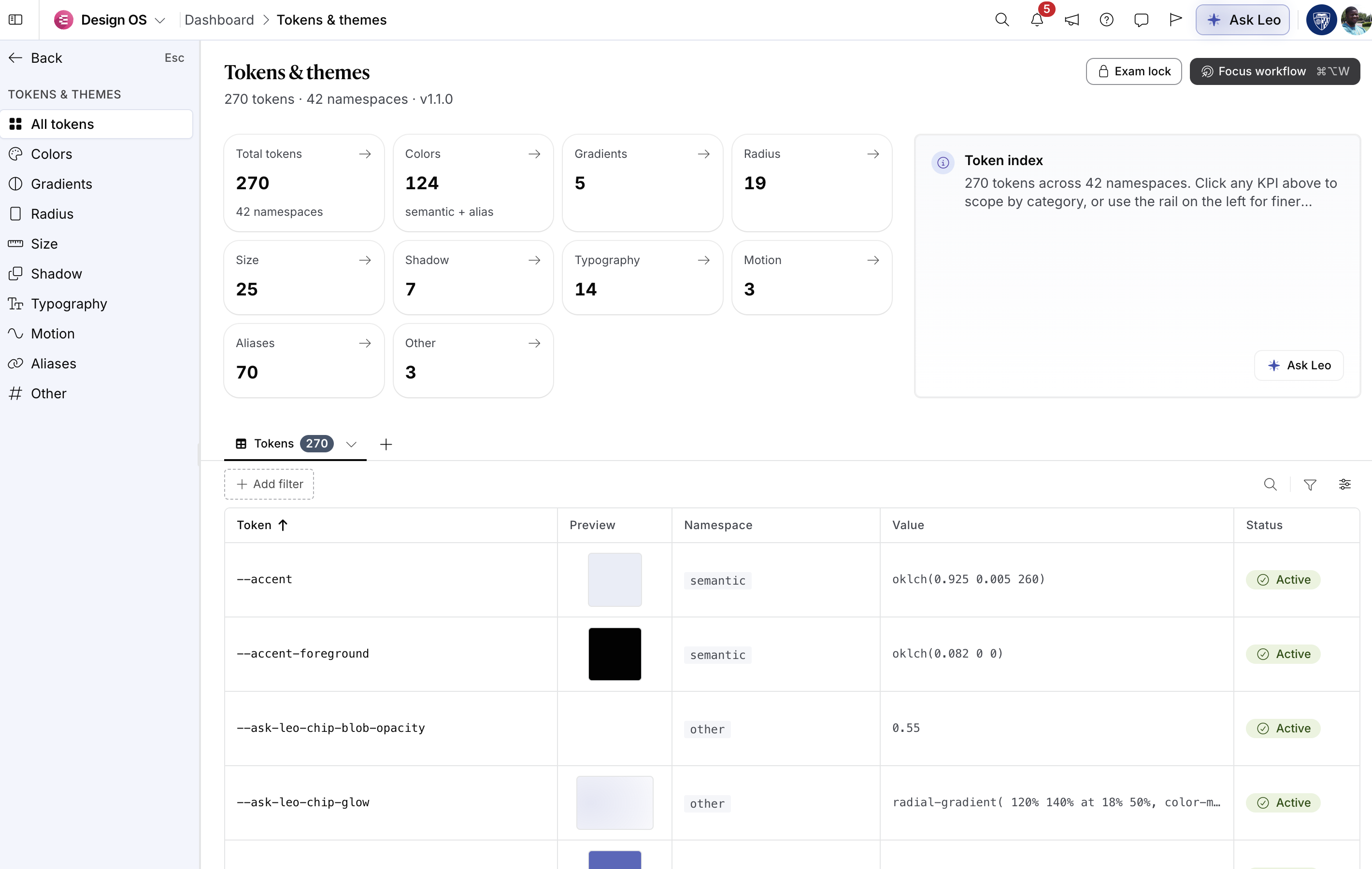 Tokens and themes hub with the same list pattern