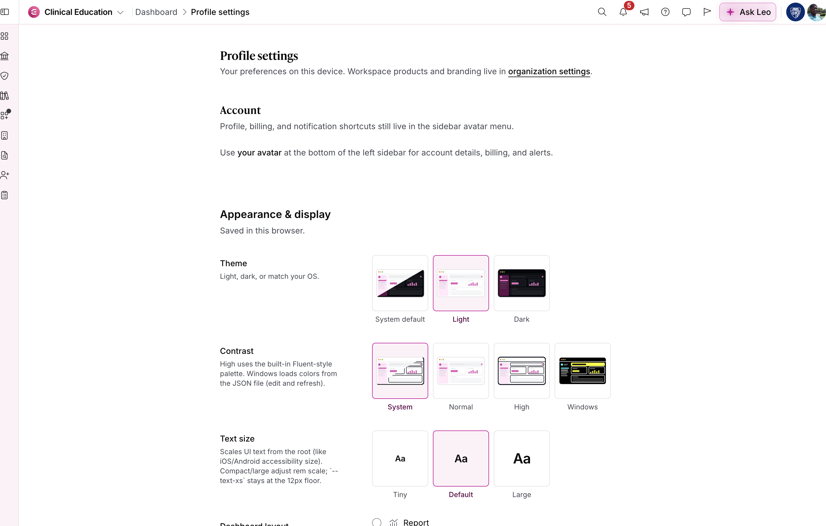 Profile settings with theme, contrast, and text size
