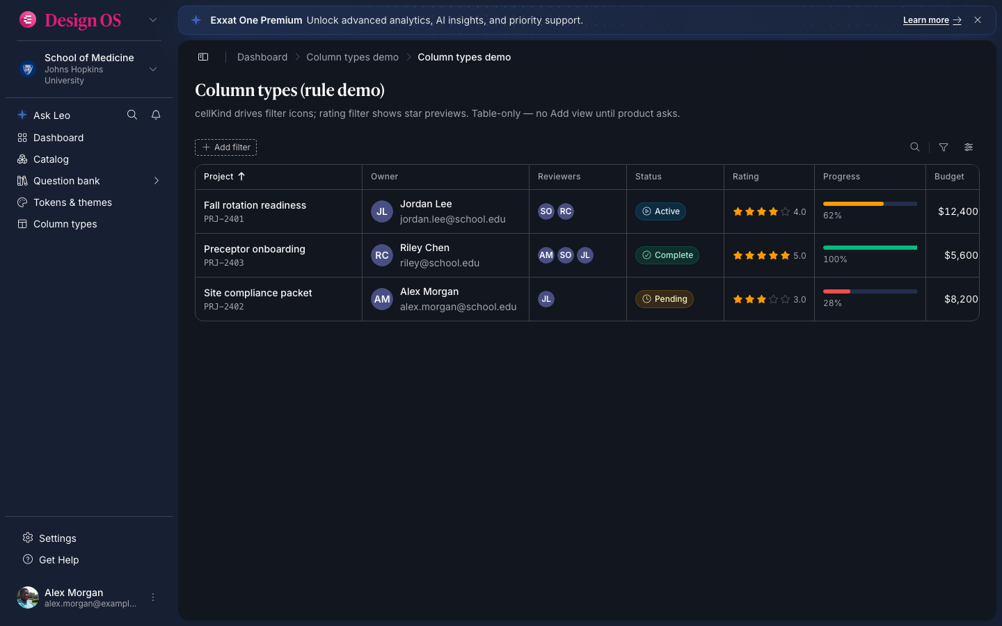 Column types filter demo (dark mode)