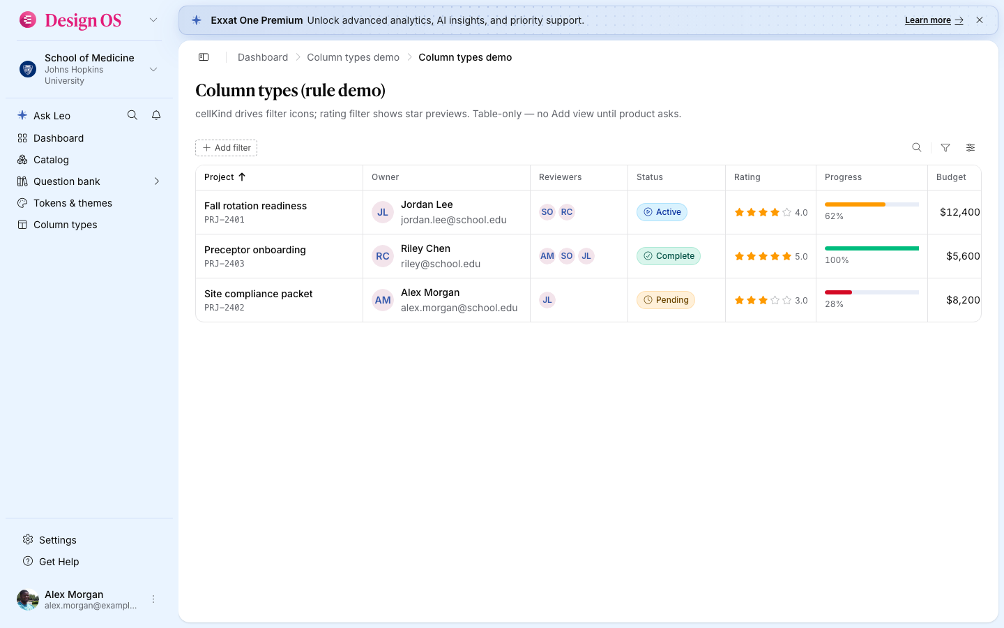 Column types filter demo (light mode)