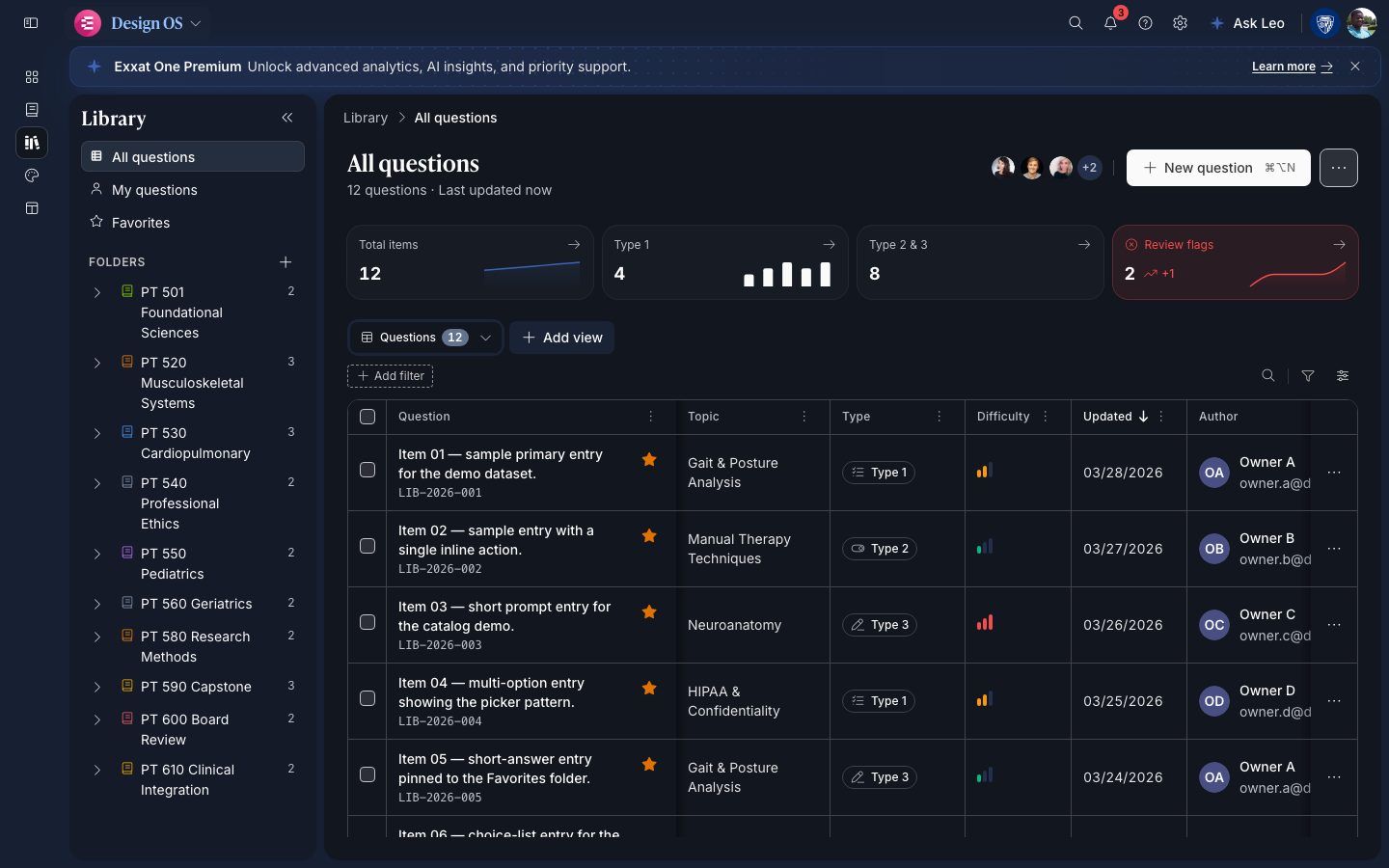 Library hub with KPI metric cards (dark mode)