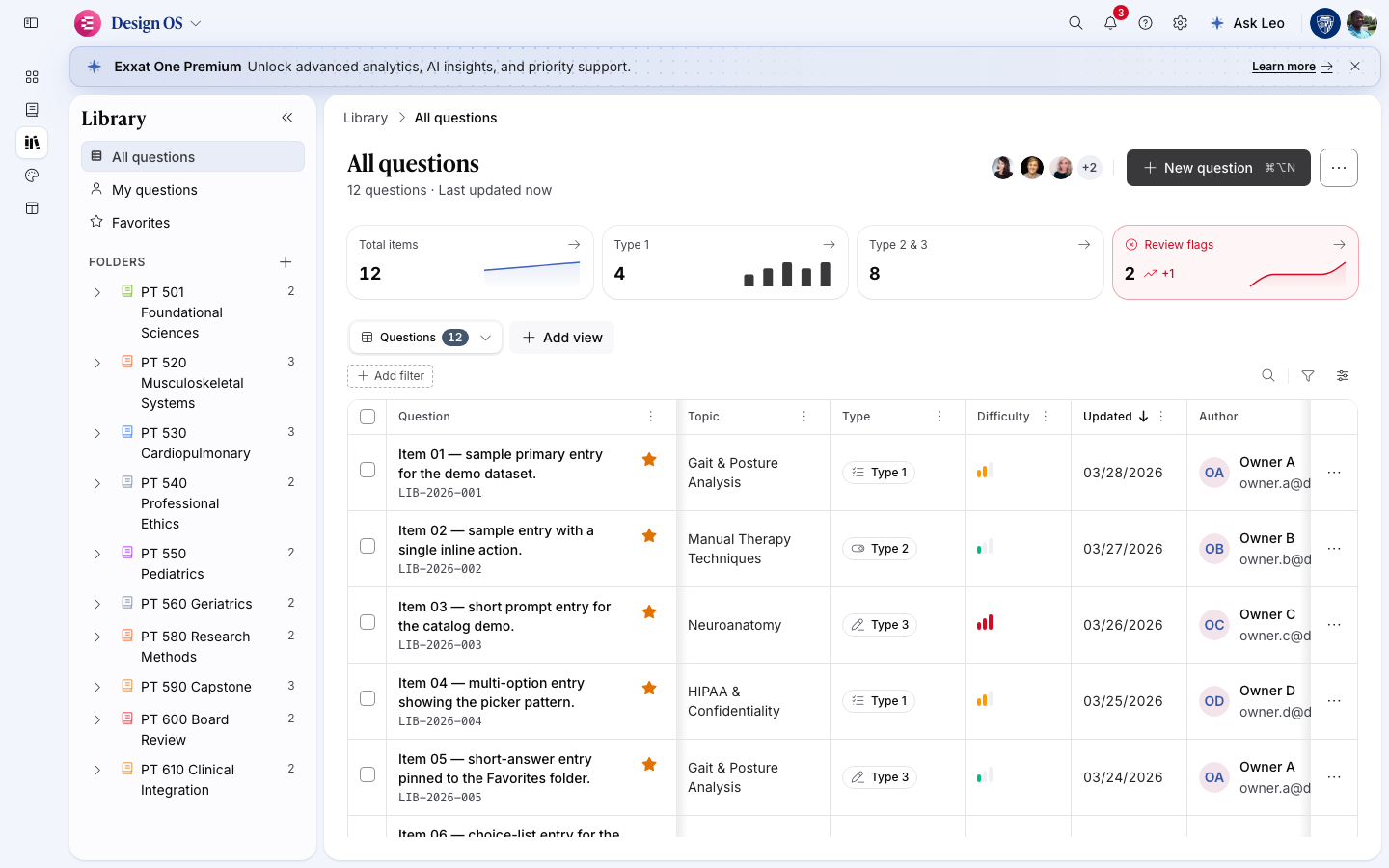 Library hub with KPI metric cards (light mode)