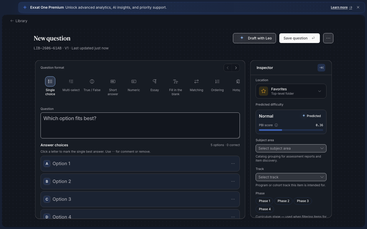 Library new question focus shell (dark mode)