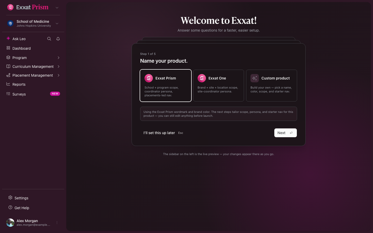 Onboarding step 1 — product picker (dark mode)