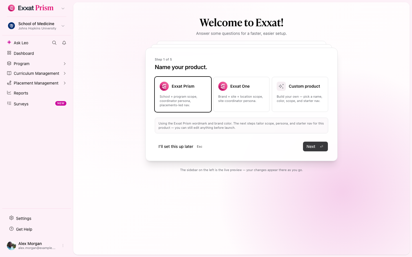 Onboarding step 1 — product picker (light mode)