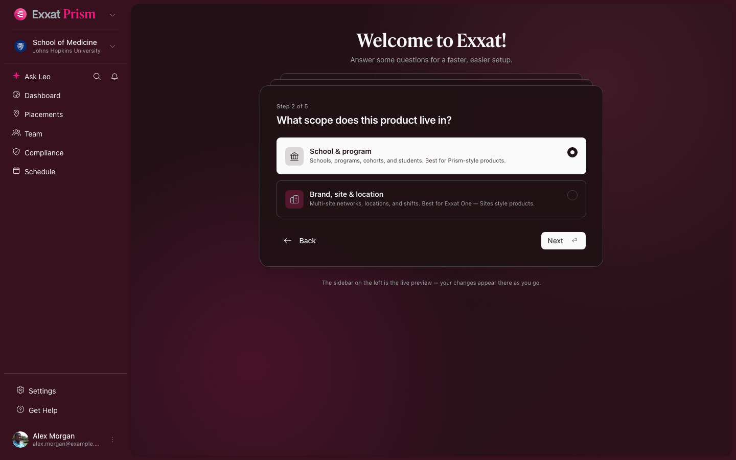 Onboarding step 2 — scope picker (dark mode)