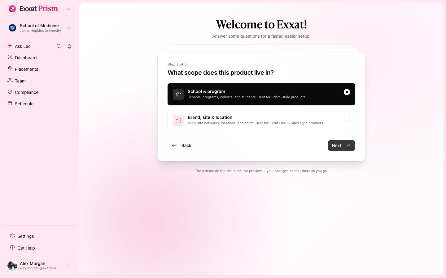 Onboarding step 2 — scope picker (light mode)