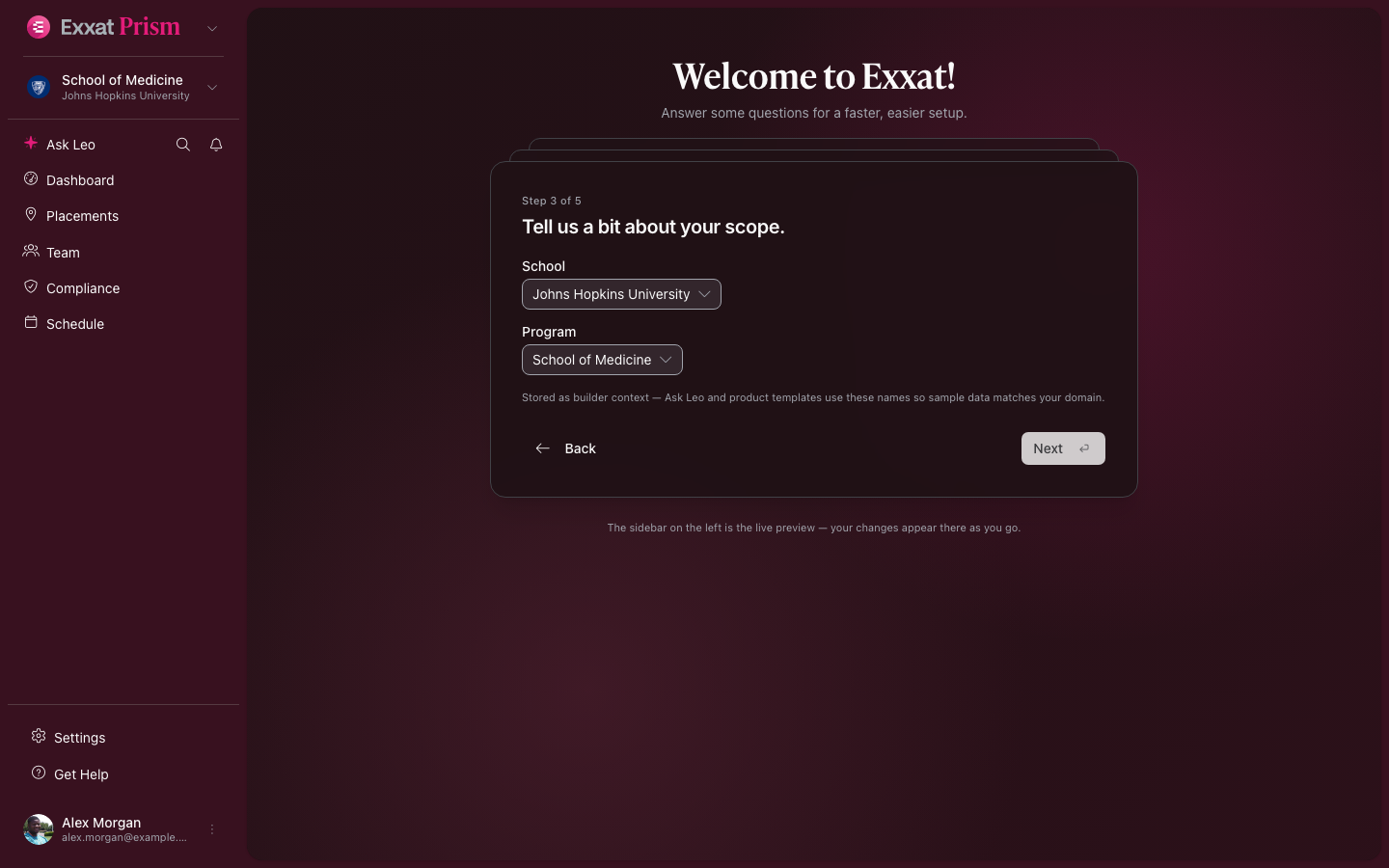 Onboarding step 3 — school and program (dark mode)