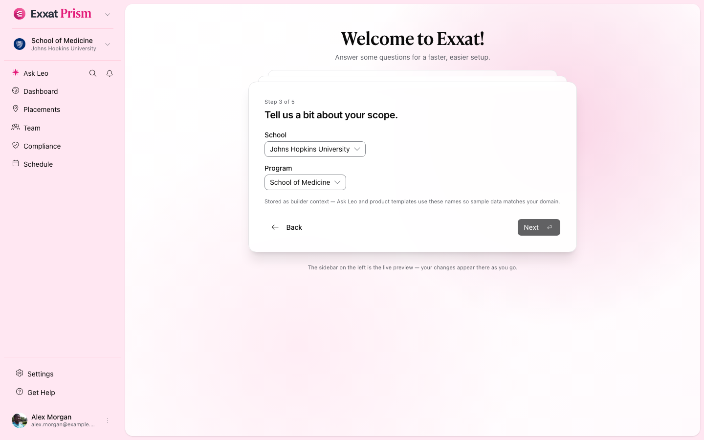 Onboarding step 3 — school and program (light mode)