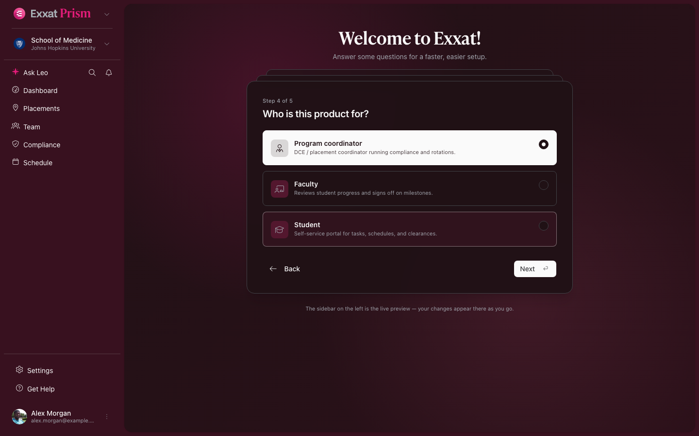 Onboarding step 4 — persona picker (dark mode)
