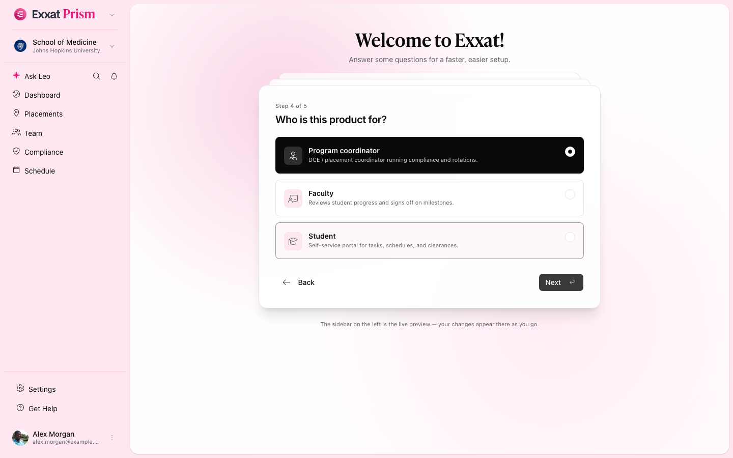 Onboarding step 4 — persona picker (light mode)