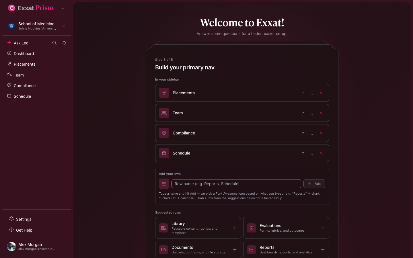 Onboarding step 5 — nav builder (dark mode)