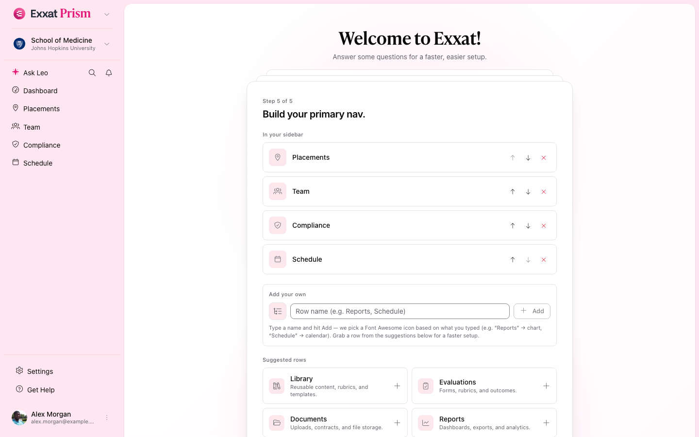 Onboarding step 5 — nav builder (light mode)