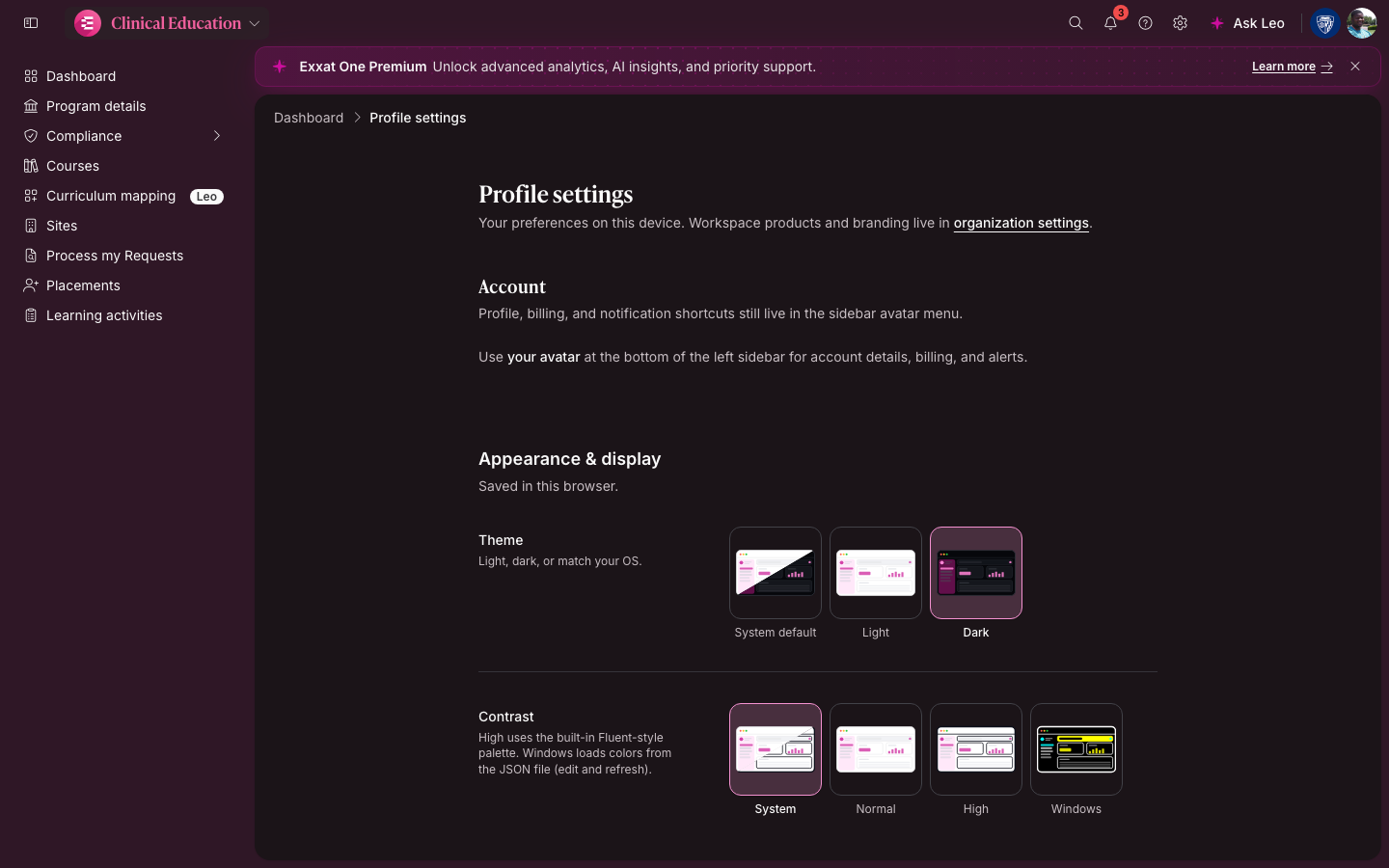 Profile appearance settings (dark mode)