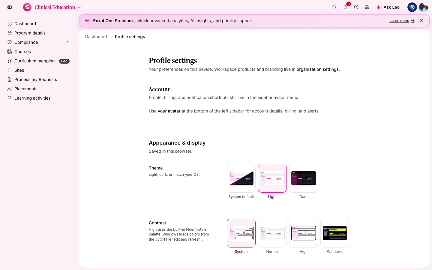 Profile appearance settings (light mode)